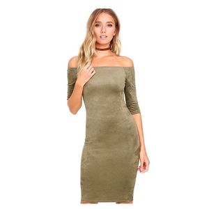Olive Green Suede Off-The-Shoulder Dress